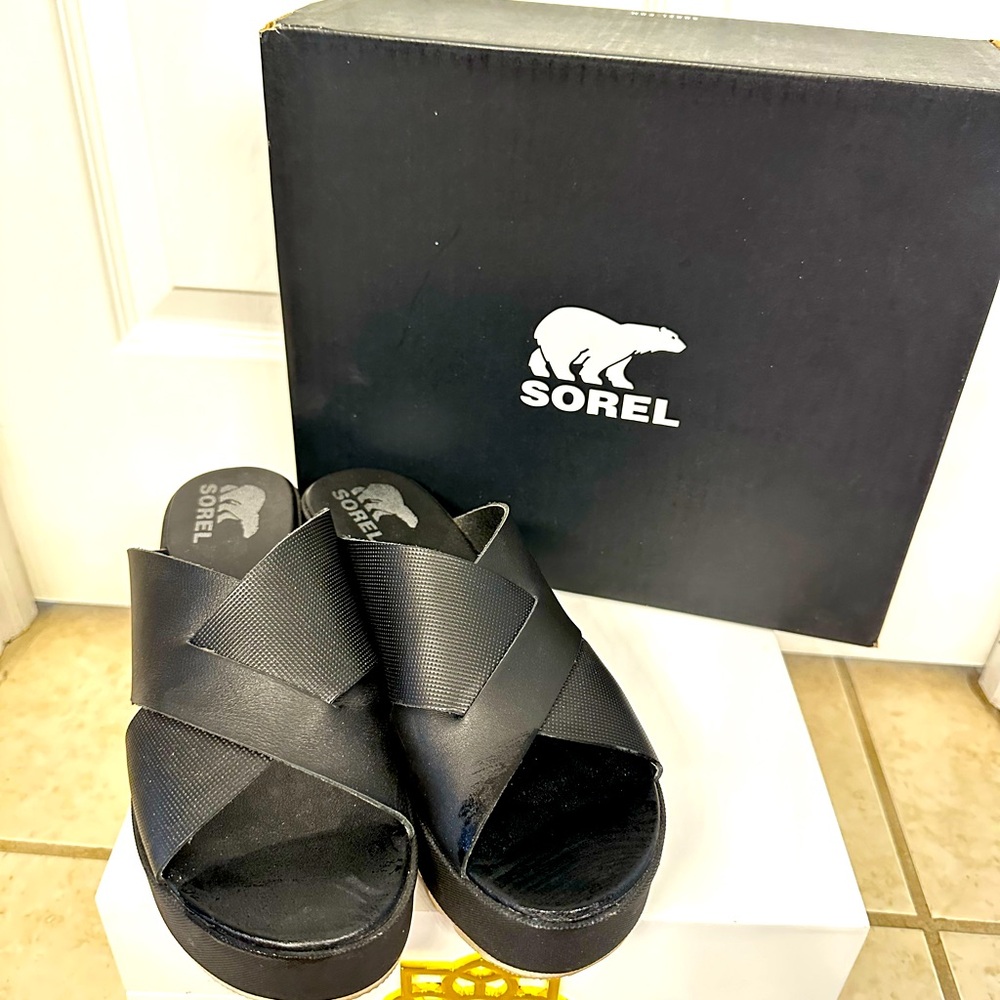 Final Sale🚨Sorel Cameron Flatform Mule Wedge Sandal Black Size 8.5 🏖️ BeachWear